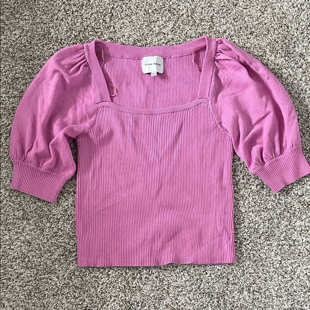 Pink Rose Pink Ribbed Puff Sleeve Top
